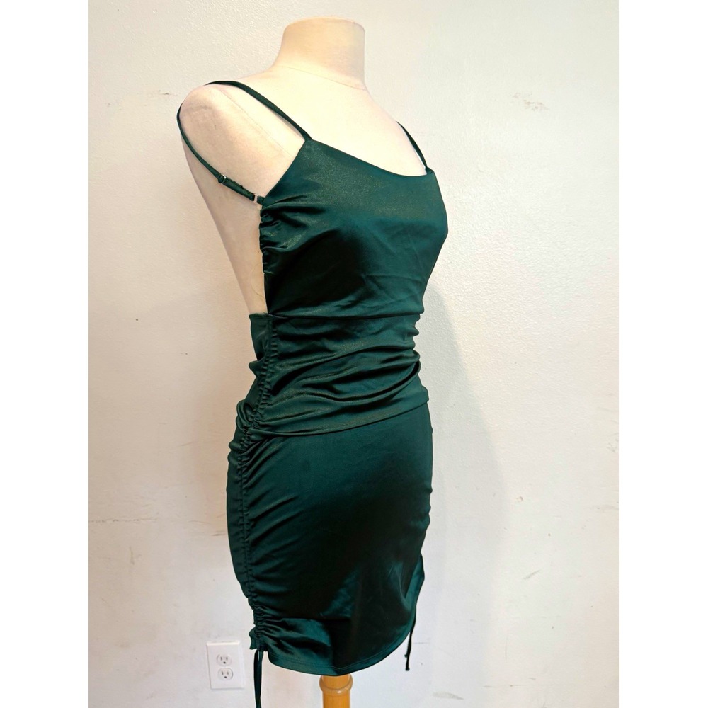 Emerald Sundae Green Solid Full Slip Ruched dress Adjustable Straps open back 10